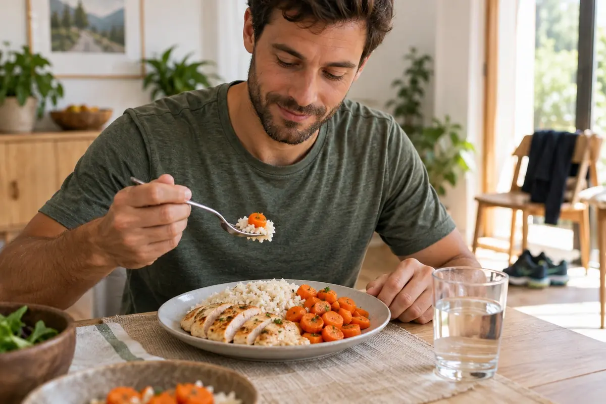 Assiette de riz blanc, poulet et carottes cuites, repas de recharge en glucides avant un marathon
