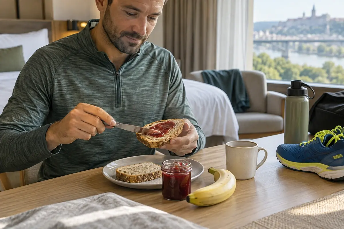 Petit-déjeuner simple pain, confiture et banane préparé à l’hôtel, alimentation d’avant-course marathon