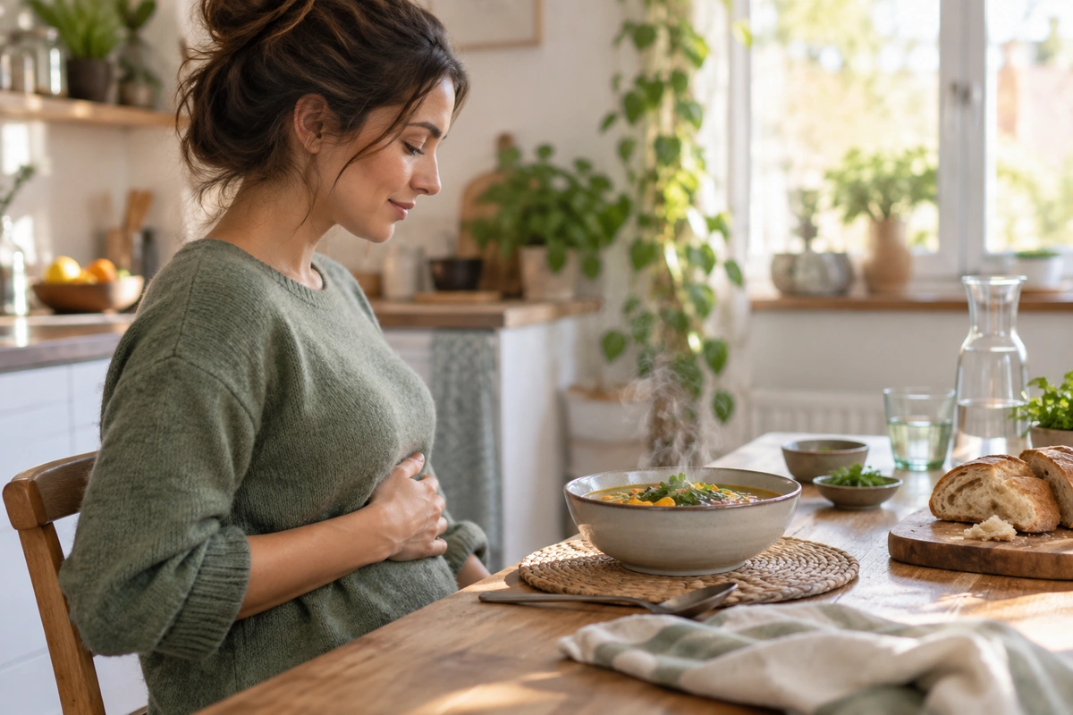 Femme de profil qui pose la main sur son ventre devant une soupe fumante, pour écouter ses sensations de faim