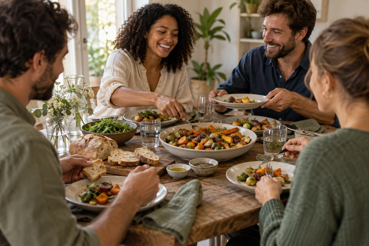 Tablée conviviale autour d’un plat de légumes rôtis et de pain frais, manger en écoutant sa satiété et son plaisir