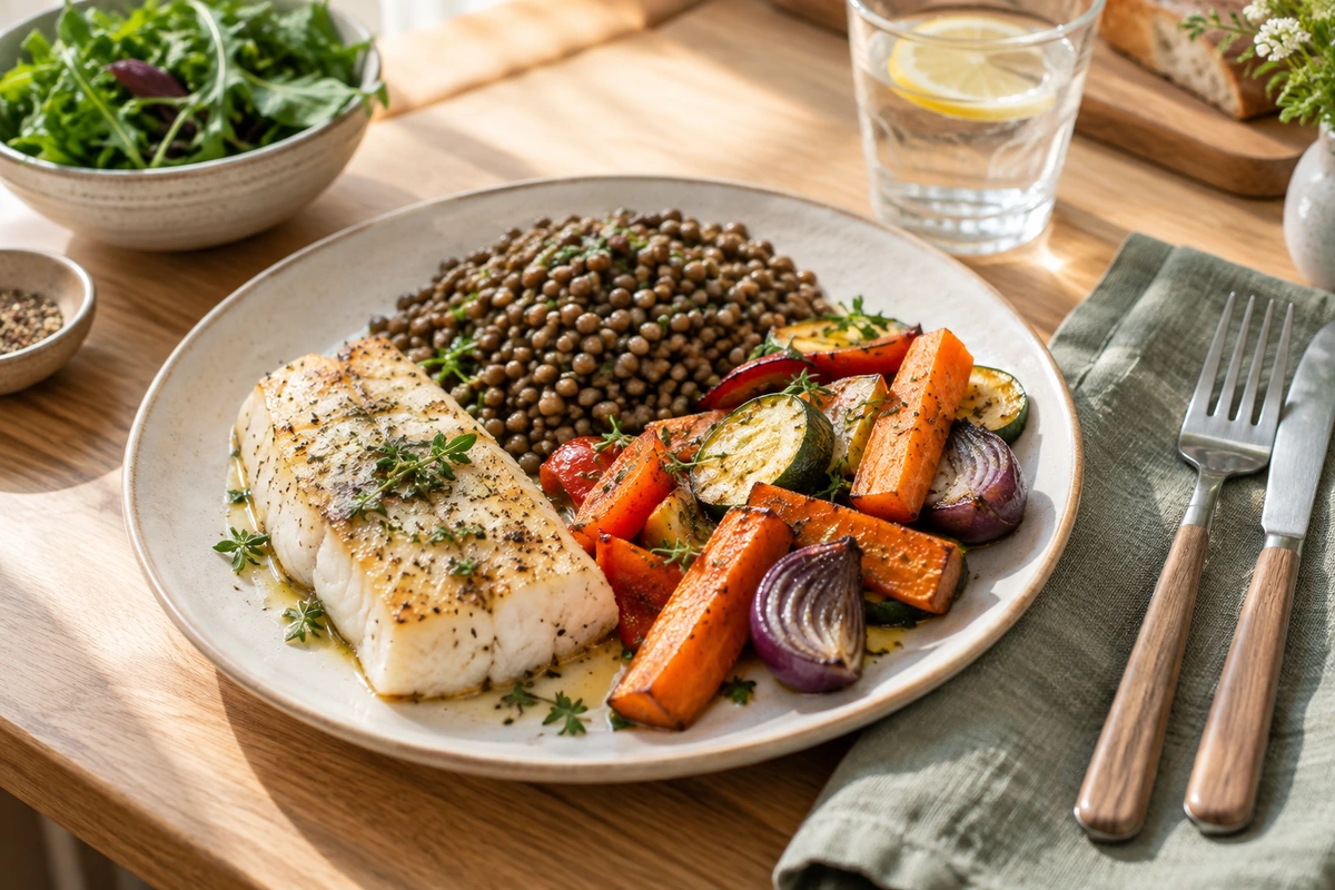 Assiette complète poisson, lentilles et légumes rôtis pour l’alimentation à la ménopause