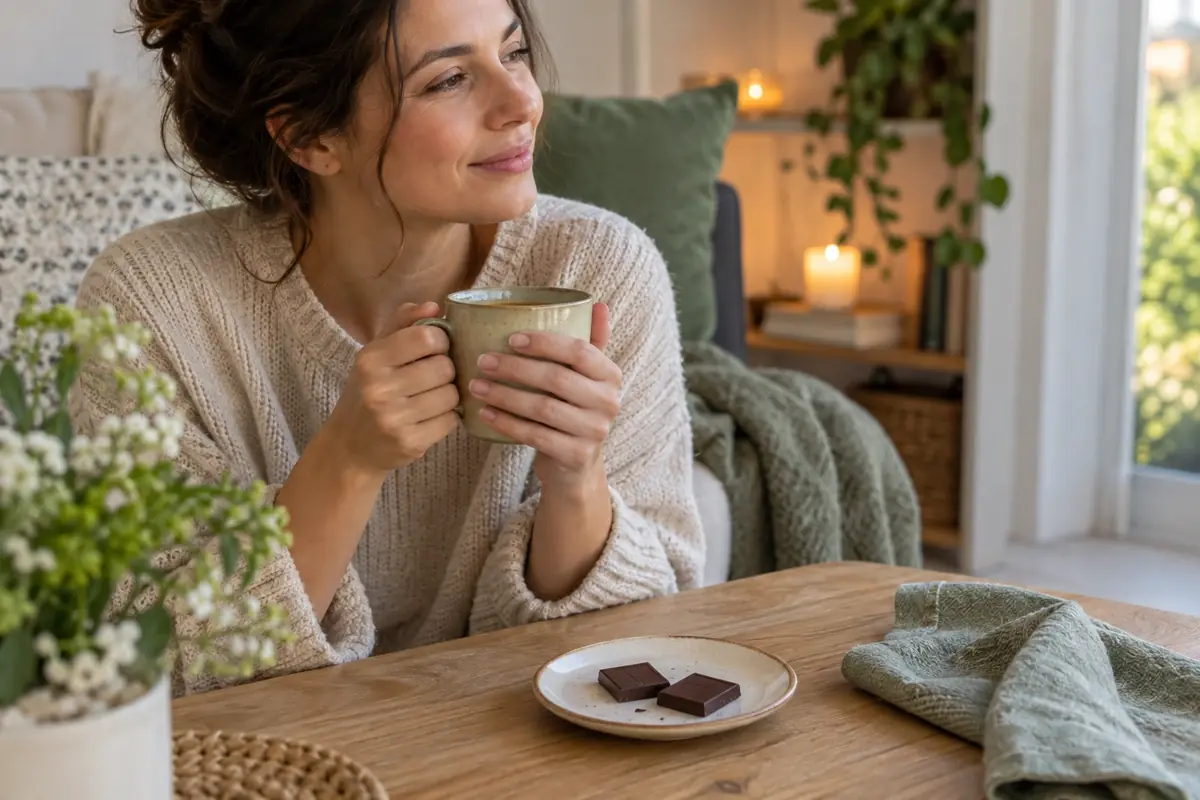 Deux carrés de chocolat noir et une tisane savourés au calme, dessert choisi pour ne plus grignoter le soir