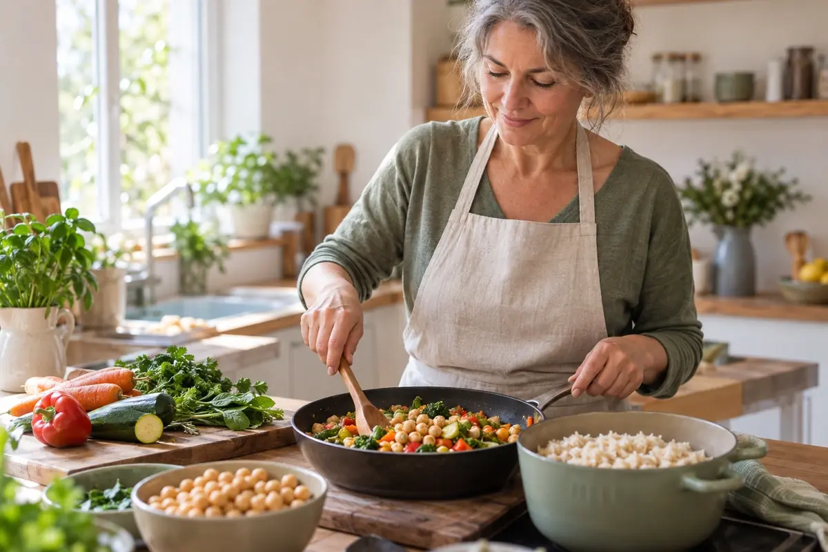 Femme de cinquante ans préparant un dîner complet de légumes, pois chiches et riz dans une cuisine chaleureuse