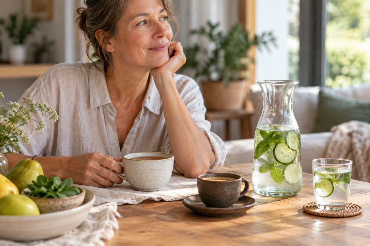 Tasse de thé qui tiédit près d’une carafe d’eau fraîche au concombre et à la menthe, café et bouffées de chaleur
