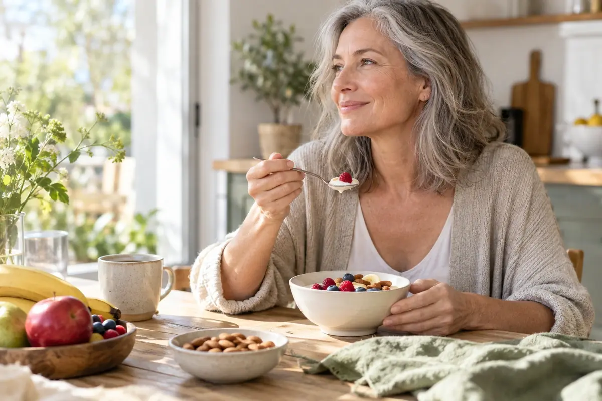 Petit-déjeuner avec yaourt nature, amandes et fruits frais sur une table ensoleillée, besoins en calcium à la ménopause