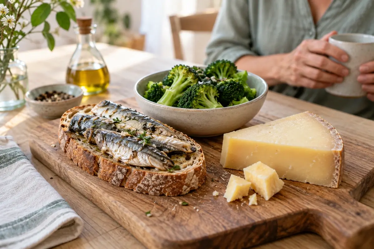 Tartine de sardines, brocolis vapeur et morceau de comté sur une planche en bois, aliments riches en calcium