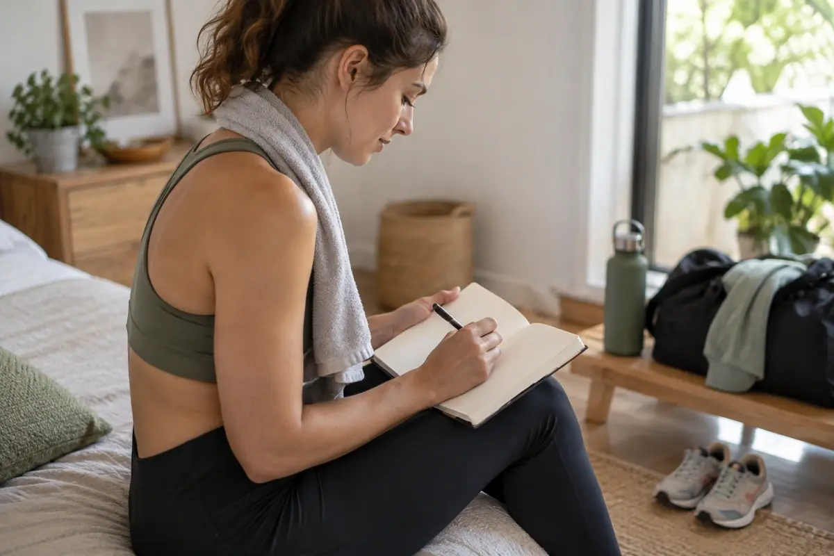 Sportive de profil notant son cycle dans un carnet après sa séance, prévenir le manque de fer chez la femme active