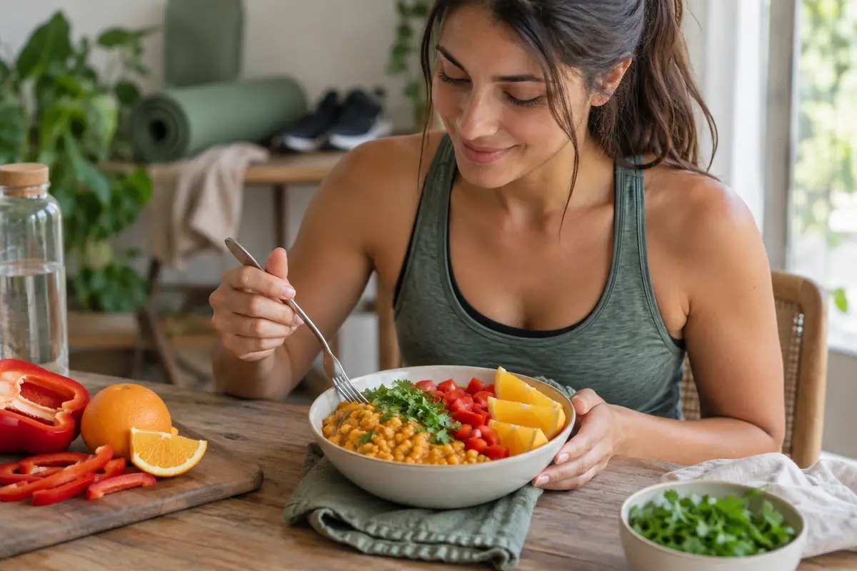 Bol de dahl de lentilles corail avec poivron cru et quartiers d’orange, repas riche en fer pour la sportive