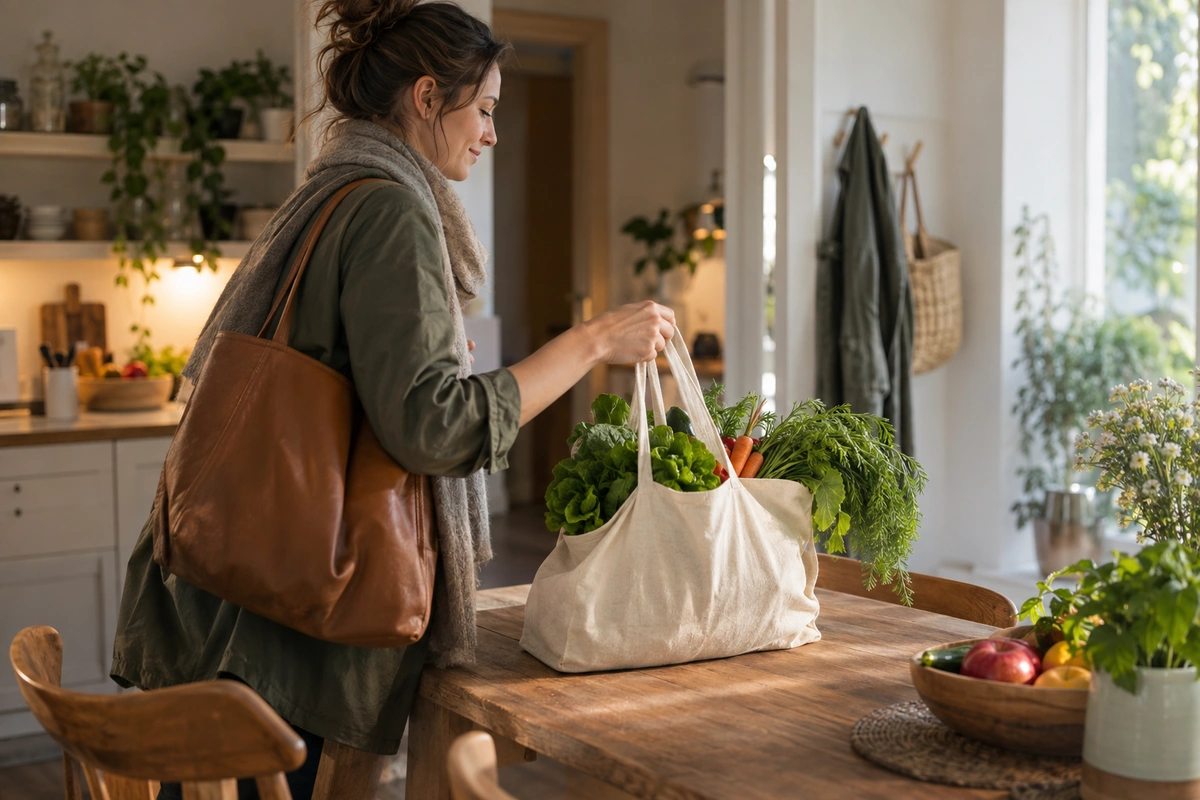 Femme de profil rentrant chez elle et posant un sac de légumes frais sur la table, nouvelles habitudes alimentaires