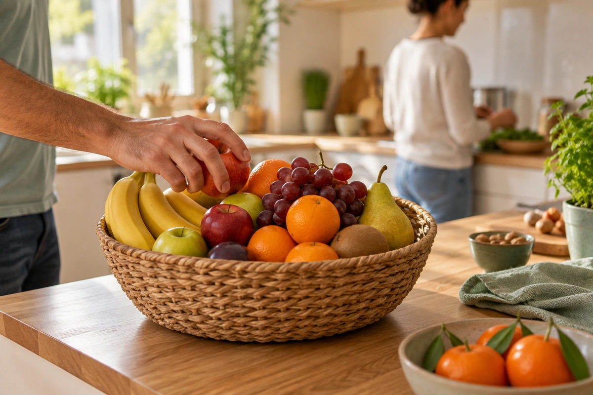 Gros plan sur une corbeille de fruits de saison posée sur un plan de travail, changer ses habitudes alimentaires