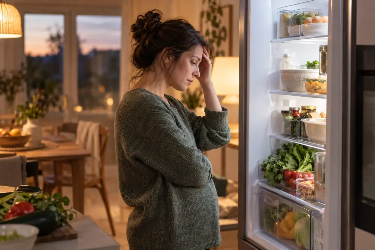 Femme de profil devant un réfrigérateur ouvert en fin de journée, fatigue et charge mentale des repas du soir