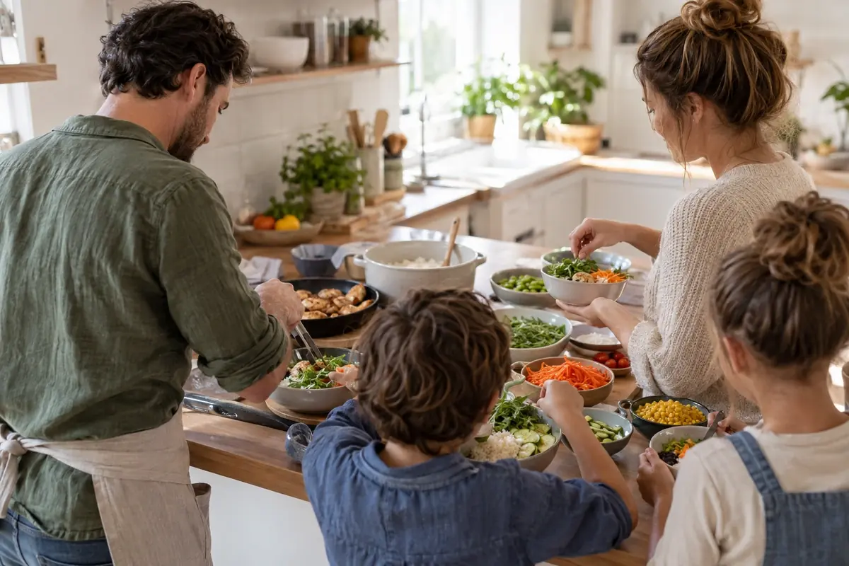 Famille de dos préparant ensemble des bols de riz, légumes et poulet dans une cuisine lumineuse, charge mentale partagée