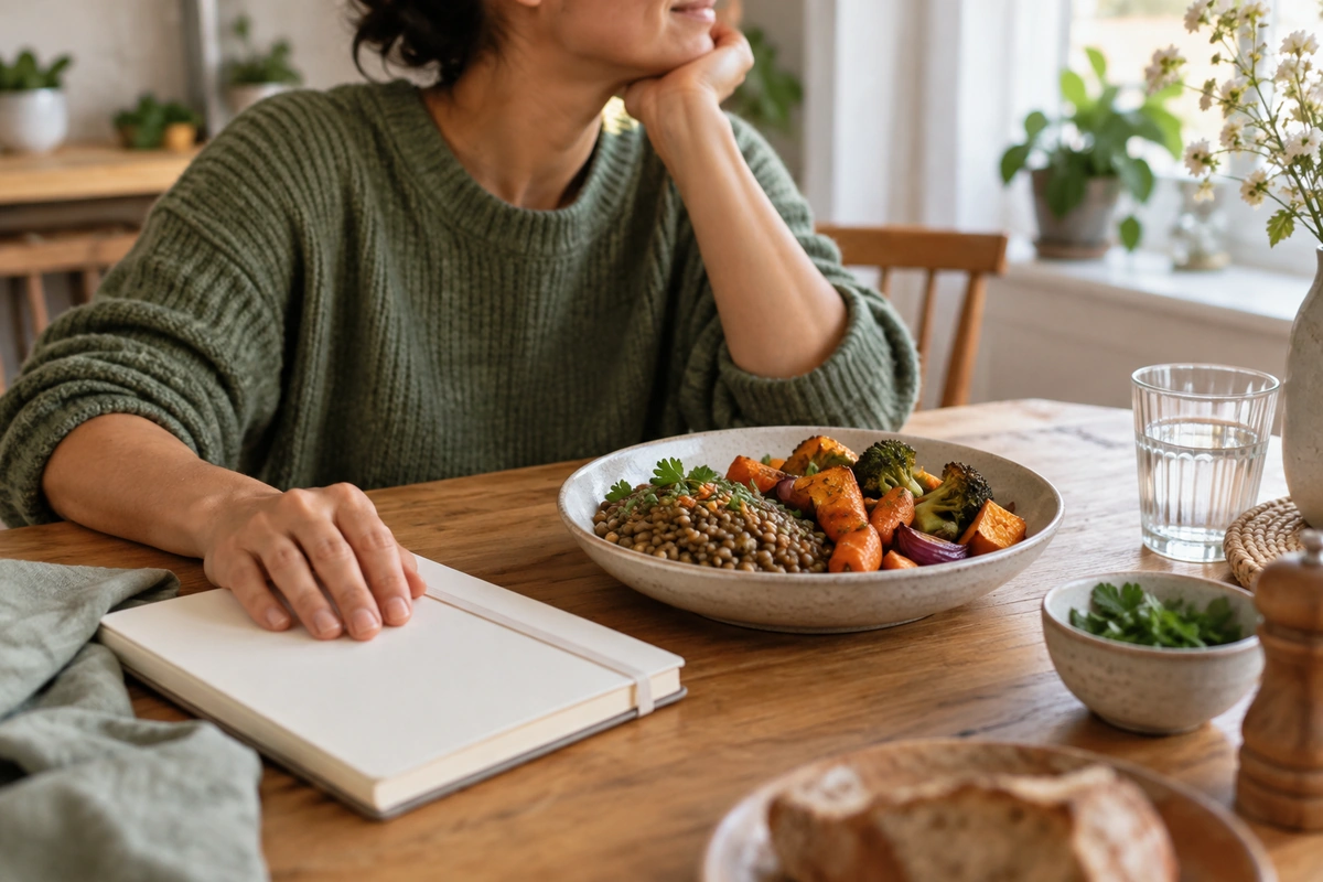 Carnet refermé près d’une assiette de lentilles et légumes rôtis, arrêter de compter les calories au quotidien