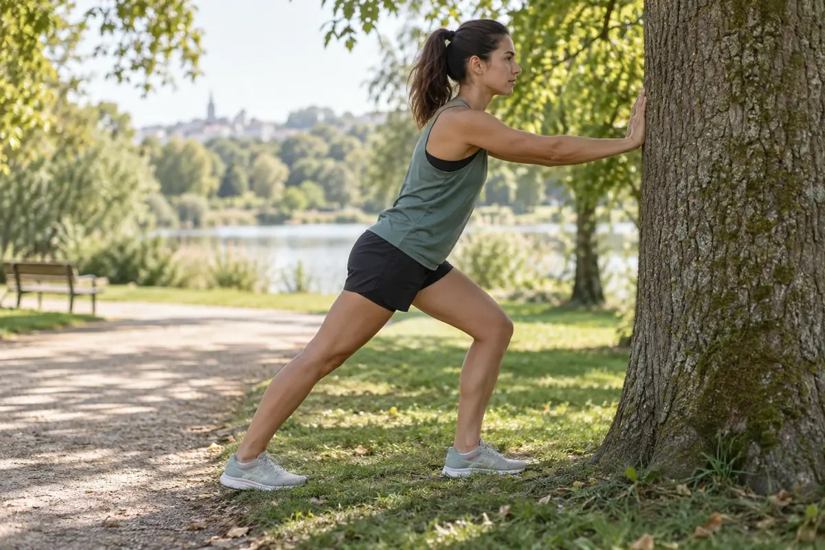 Coureuse de profil étirant son mollet contre un arbre dans un parc, prévenir les crampes pendant la course à pied