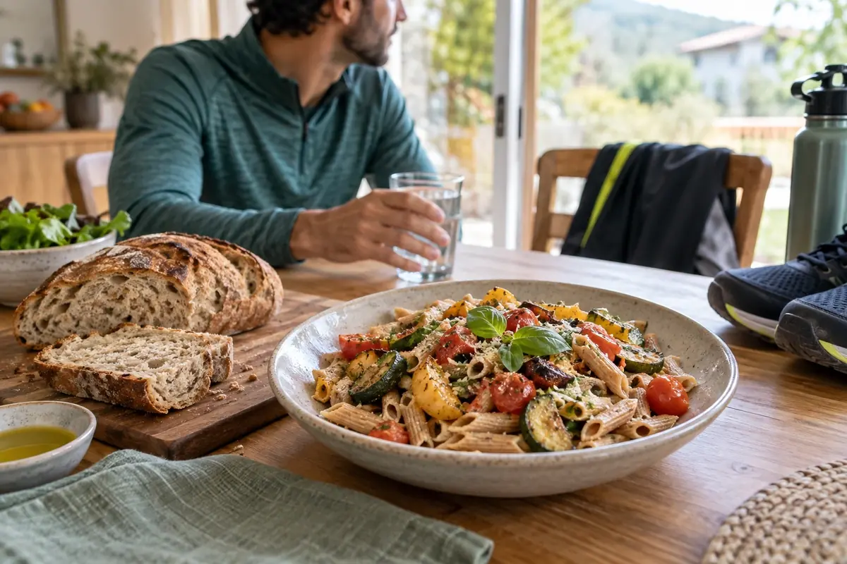 Assiette de pâtes complètes aux légumes et pain de campagne, repas de veille de course pour limiter les crampes
