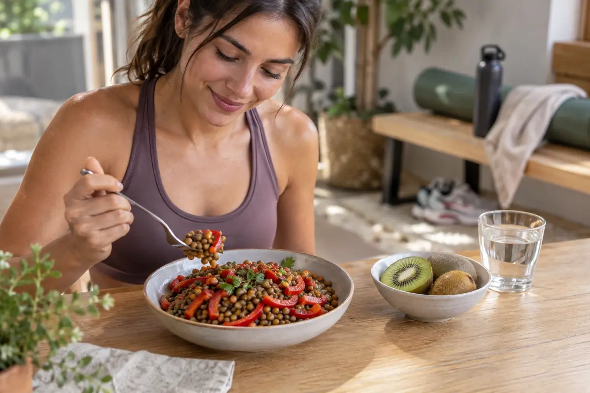 Assiette de lentilles aux poivrons et kiwi en dessert, alimentation riche en fer pour la sportive pendant les règles