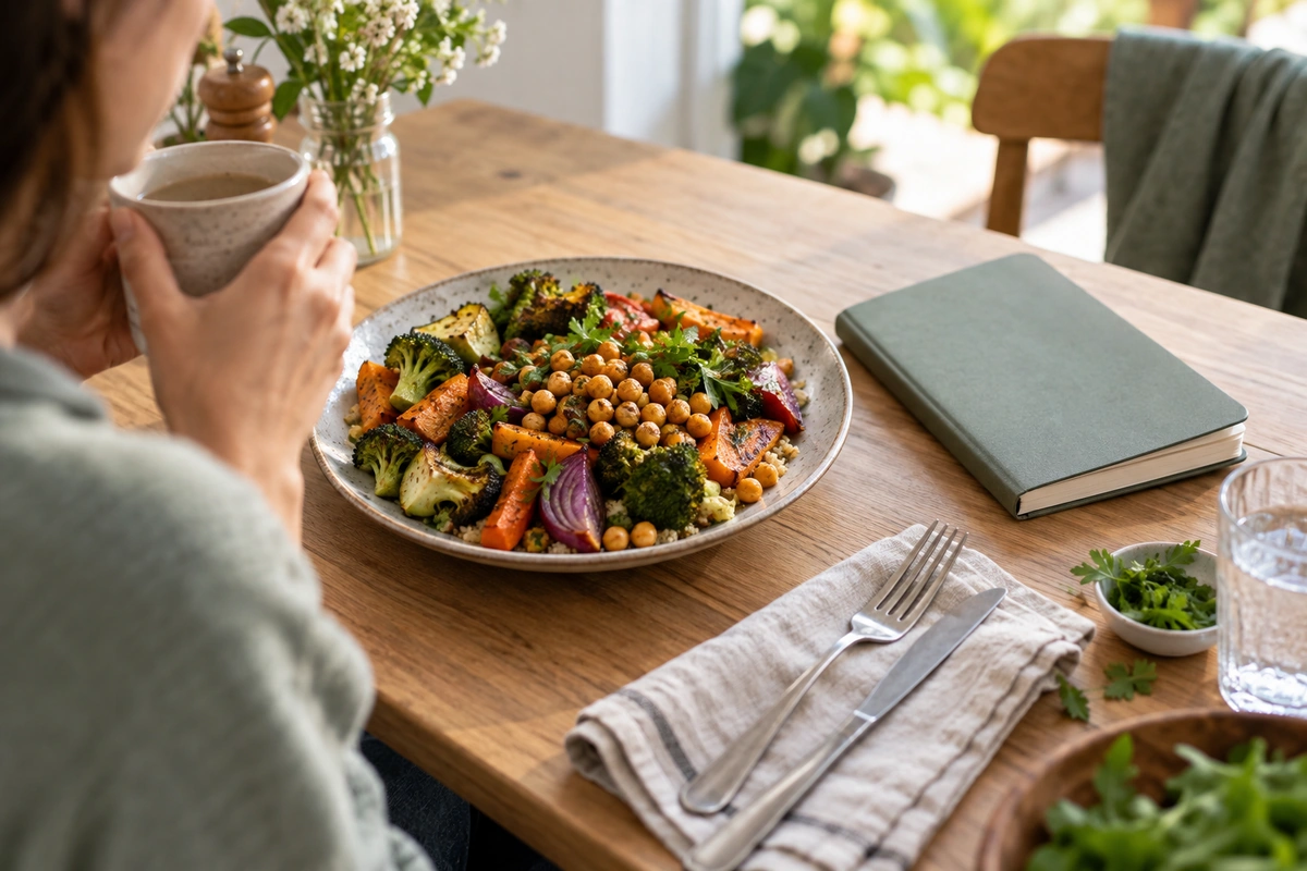 Carnet de régime refermé à côté d’une assiette colorée de légumes rôtis et pois chiches, sortir des régimes à répétition