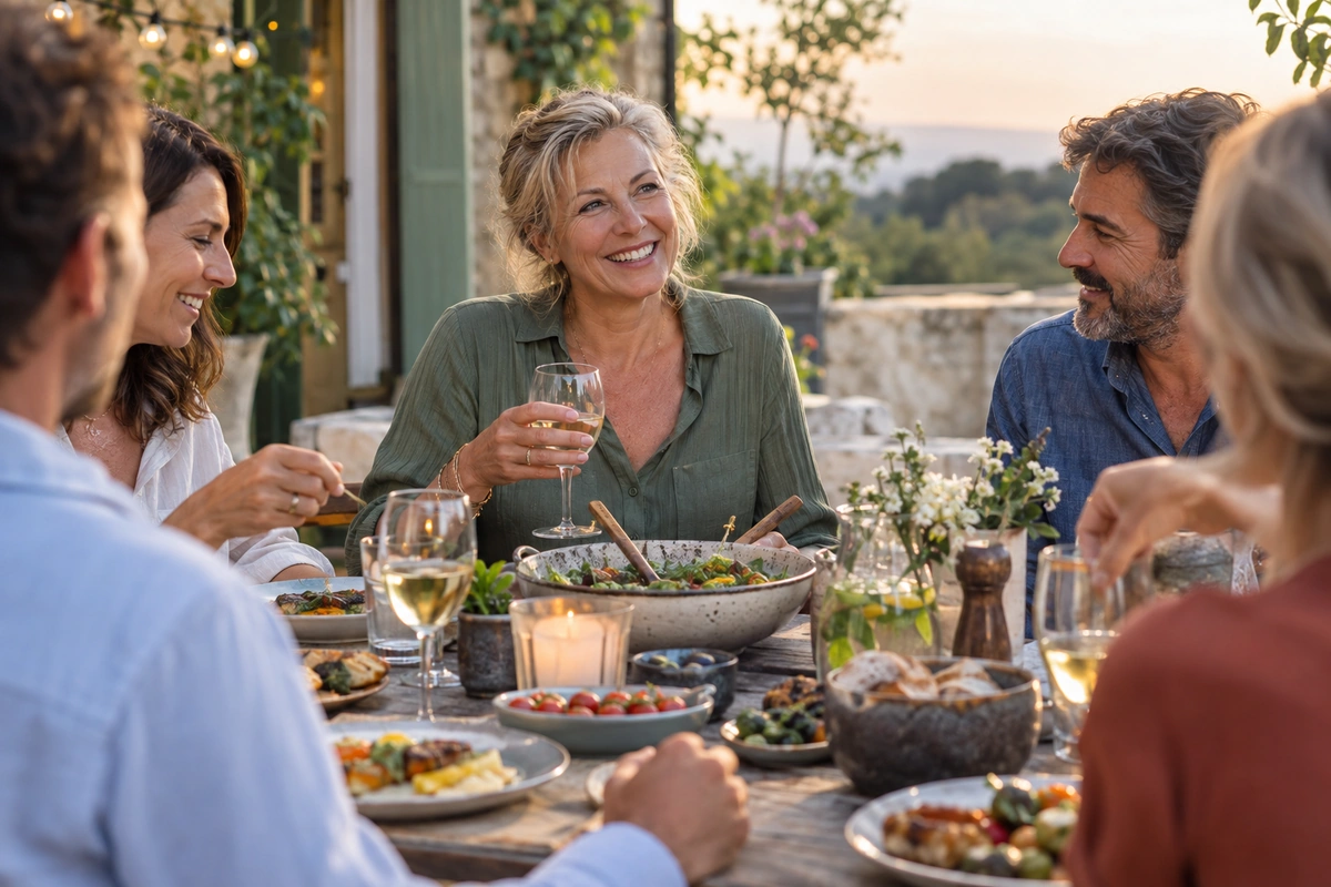 Repas convivial entre amis en terrasse, femme de cinquante ans souriante, stabiliser son poids sans régime