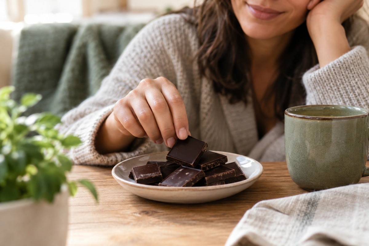 Gros plan sur des carrés de chocolat noir posés sur une petite assiette, envie typique quand on mange ses émotions