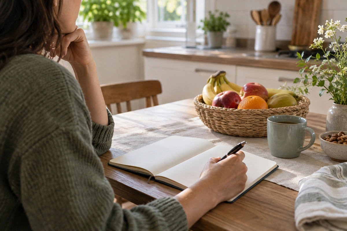 Carnet ouvert et stylo sur une table de cuisine près d’une corbeille de fruits, pour repérer ses déclencheurs de faim émotionnelle