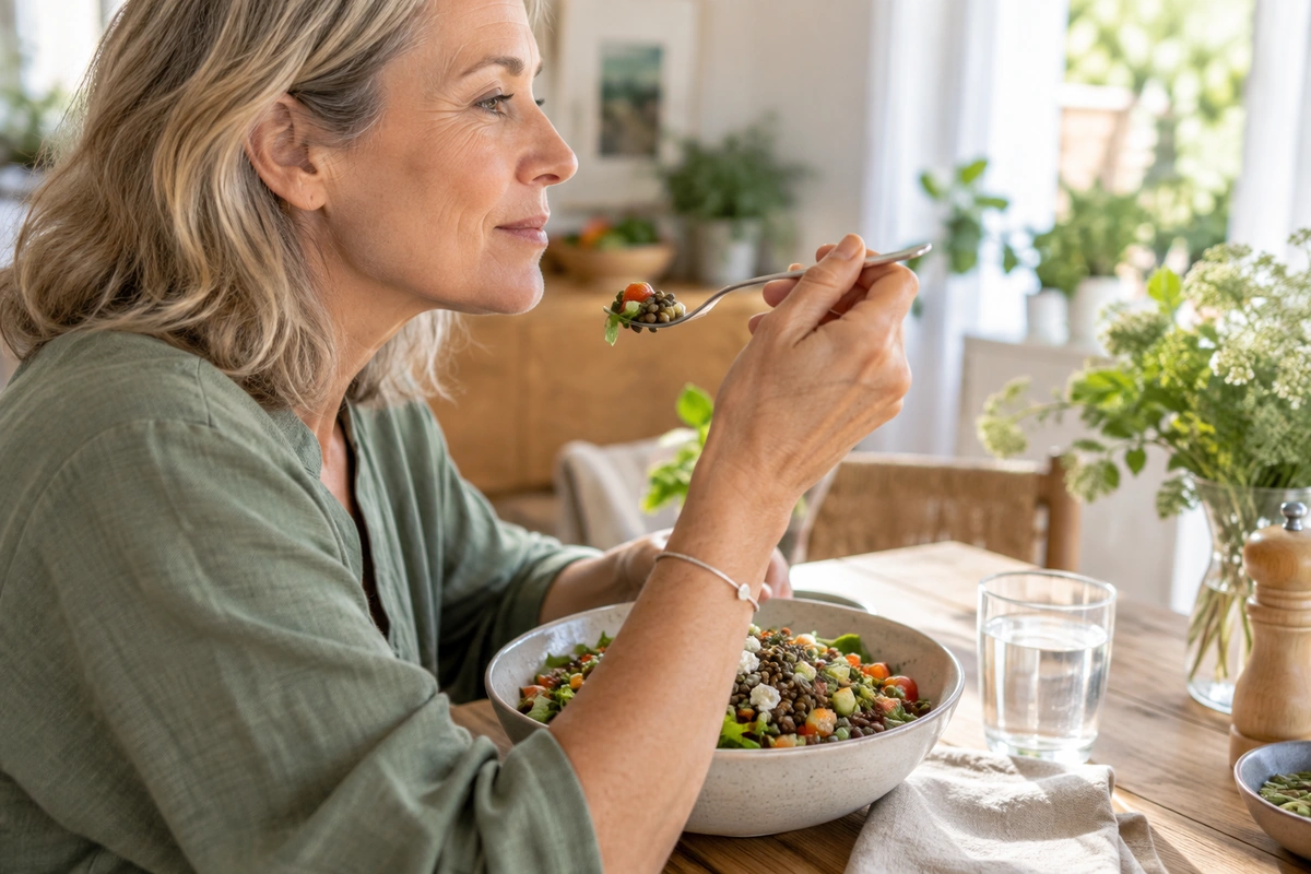 Femme de cinquante ans de profil dégustant une salade de lentilles colorée, repas pour l’énergie à la ménopause
