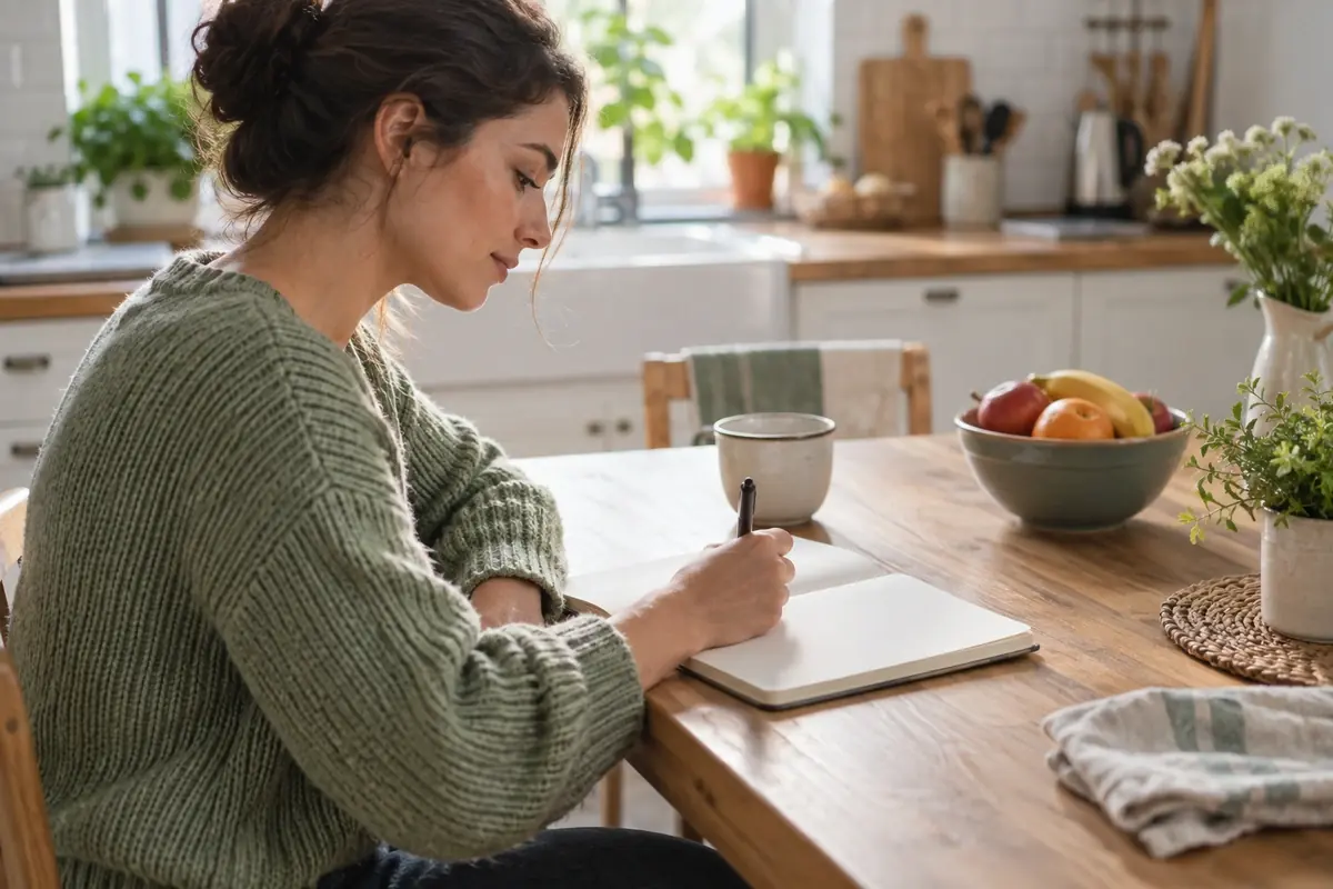 Femme de profil écrivant ses objectifs dans un carnet à une table de cuisine, se fixer un objectif réaliste pour sa santé