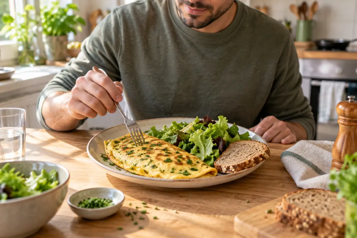 Omelette aux herbes avec salade verte et pain complet sur une table de cuisine, plan B pour un objectif alimentaire réaliste