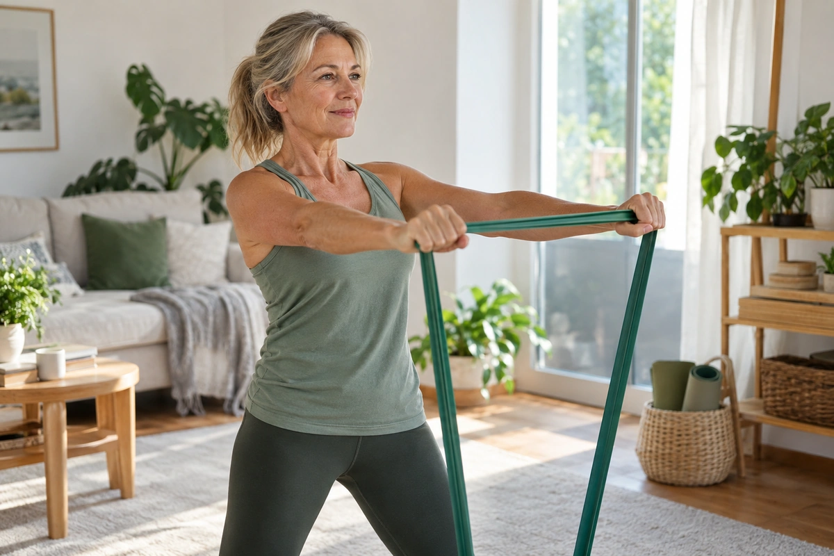 Femme de cinquante ans faisant du renforcement musculaire avec des élastiques dans son salon lumineux