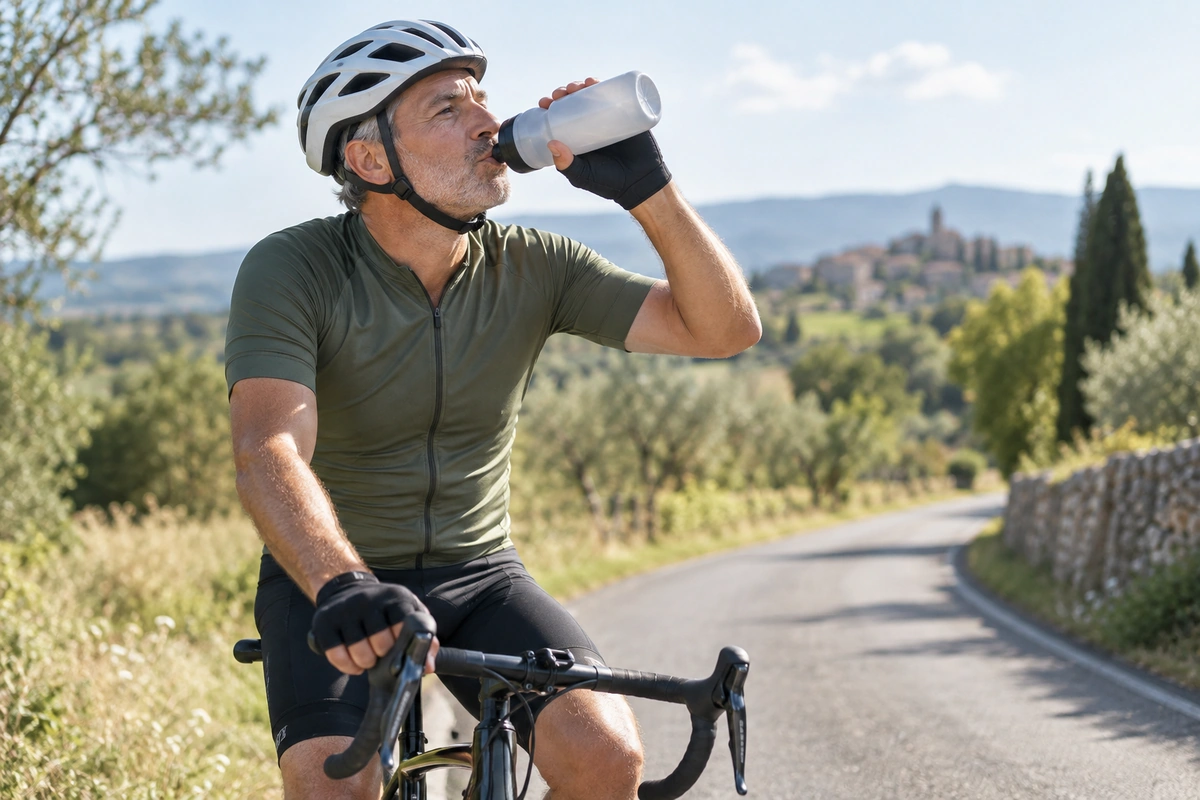 Cycliste de cinquante ans buvant à son bidon sur une route de campagne ensoleillée, bien s’hydrater pendant l’effort