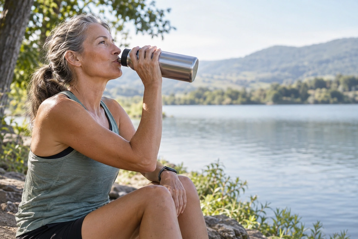Coureuse de cinquante ans buvant à sa gourde au bord d’un lac après son footing, hydratation du sportif
