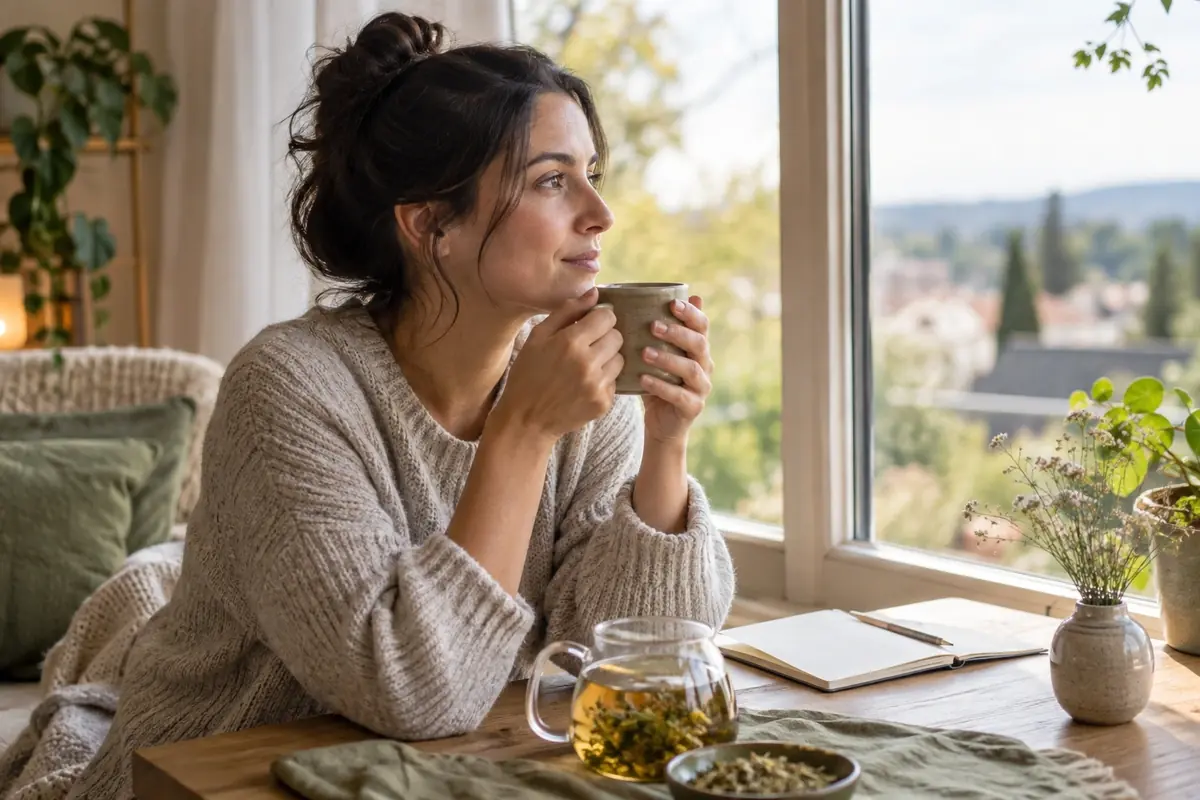 Mains autour d’une tasse de tisane près d’une fenêtre, moment calme pour repérer les signes de l’hyperphagie