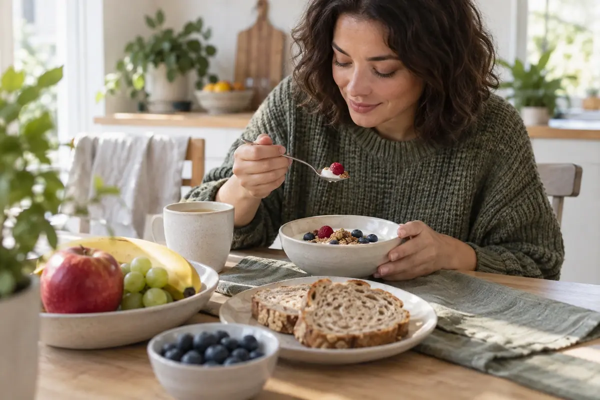 Petit-déjeuner simple et appétissant avec pain, fruits et yaourt, repas régulier pour apaiser l’hyperphagie boulimique