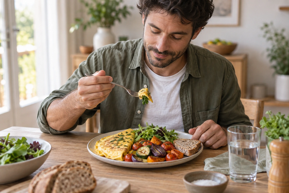 Déjeuner complet omelette, légumes rôtis et pain complet pour rompre le jeûne sans fringale