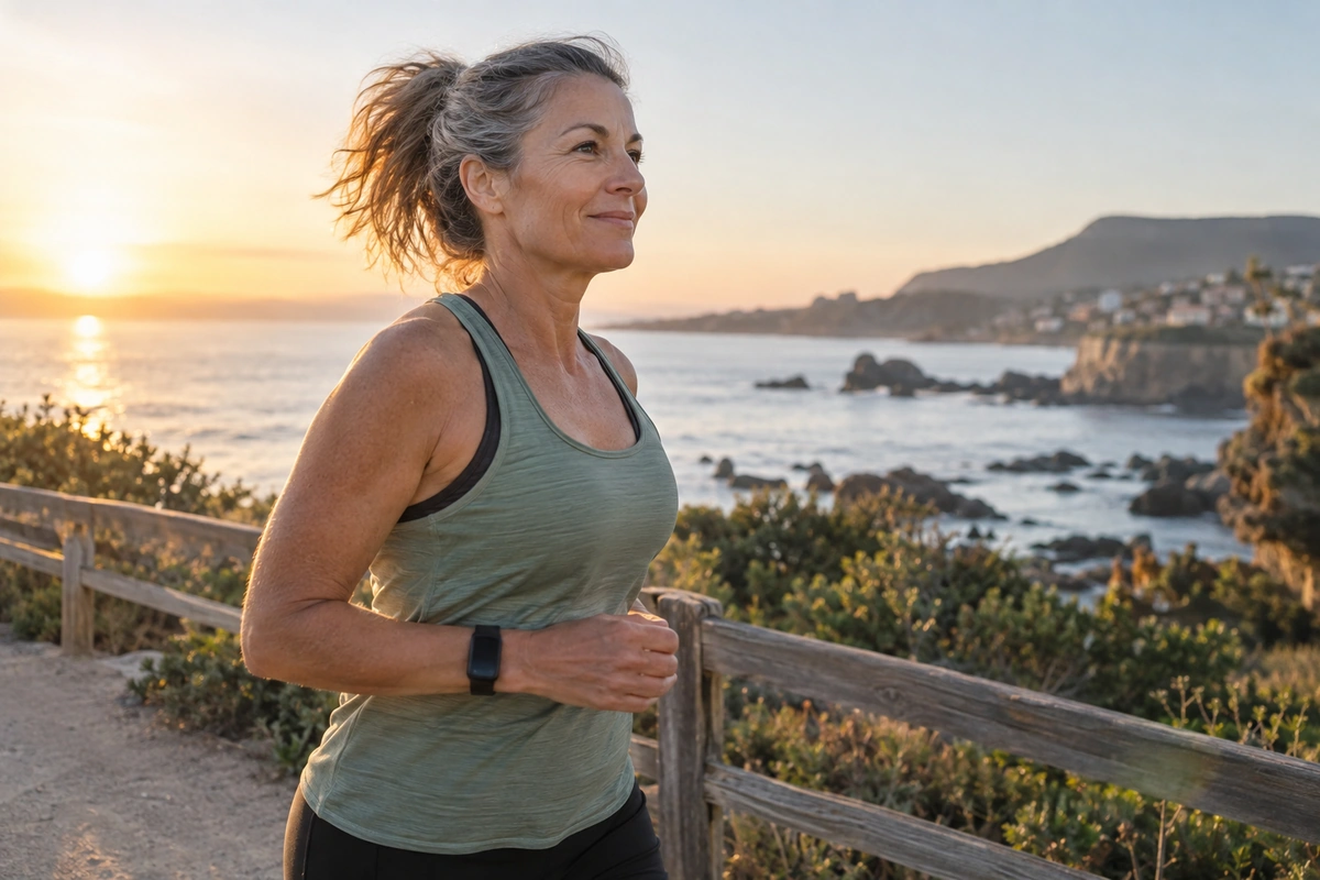 Femme d’une cinquantaine d’années courant au lever du soleil, sport et jeûne intermittent chez la sportive