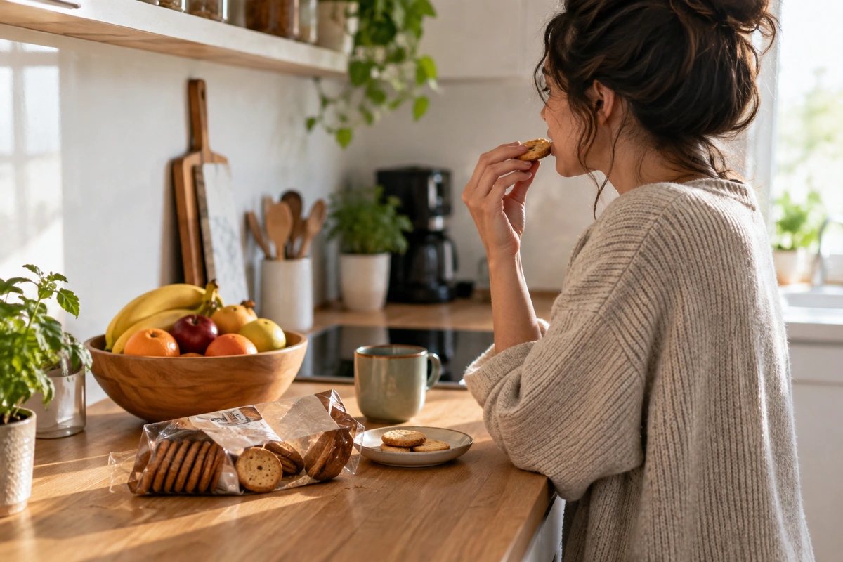 Plan de travail de cuisine avec corbeille de fruits et paquet de biscuits ouvert, grignoter sans faim en fin de journée
