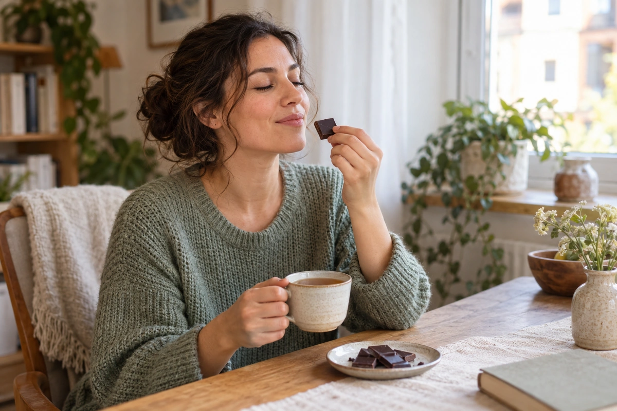 Femme assise savourant un carré de chocolat avec une tasse de thé près d’une fenêtre, manger par plaisir sans culpabilité