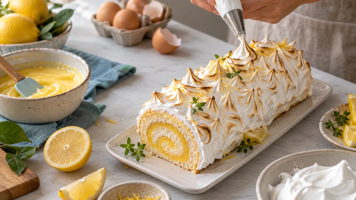 Bûche de Noël citron meringuée maison, recouverte de meringue légèrement dorée
