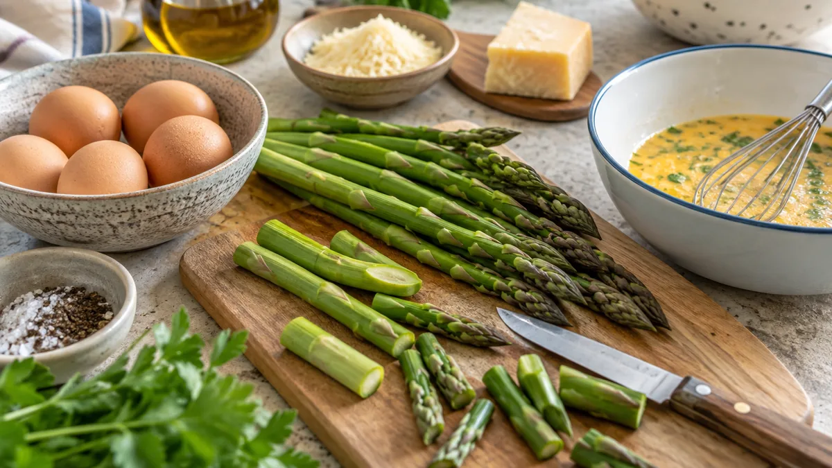 Frittata aux asperges et brocoli dorée à la poêle, parsemée d'amandes et de parmesan