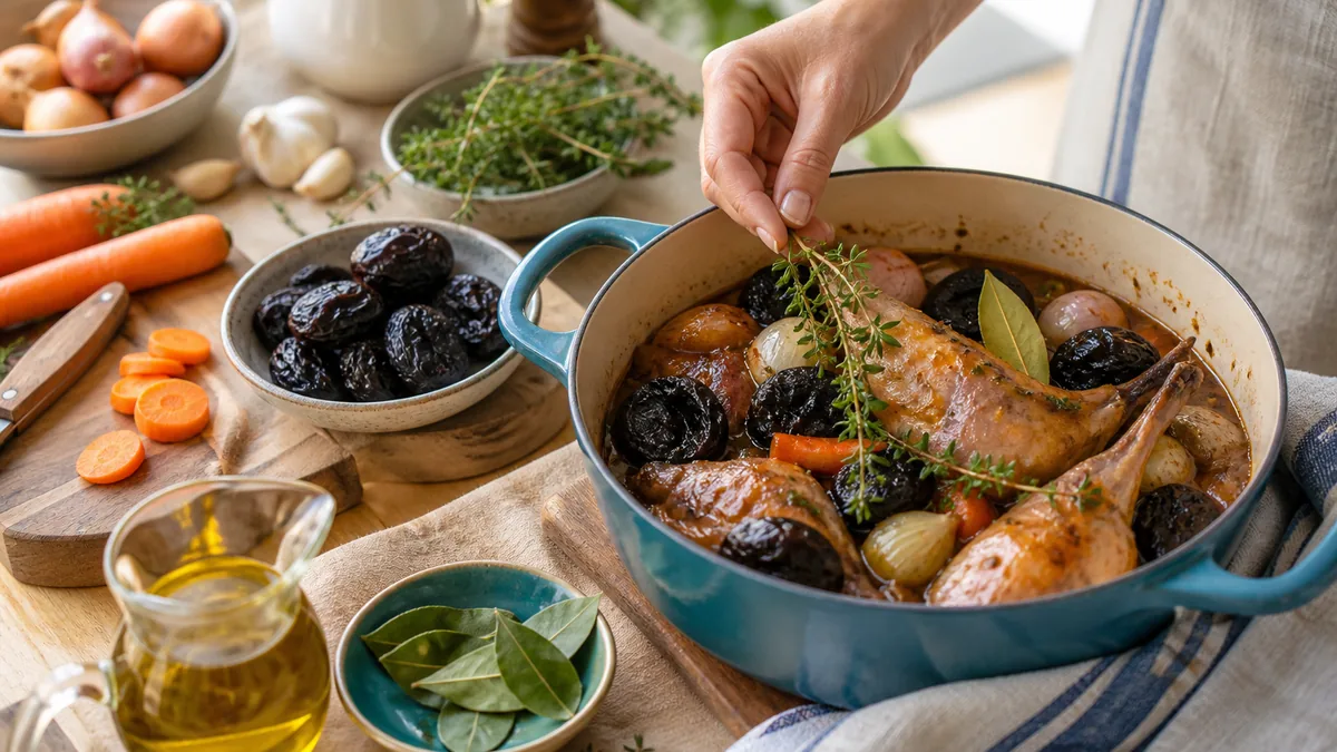 Cuisses de lapin aux pruneaux mijotées avec champignons, carottes et pommes de terre
