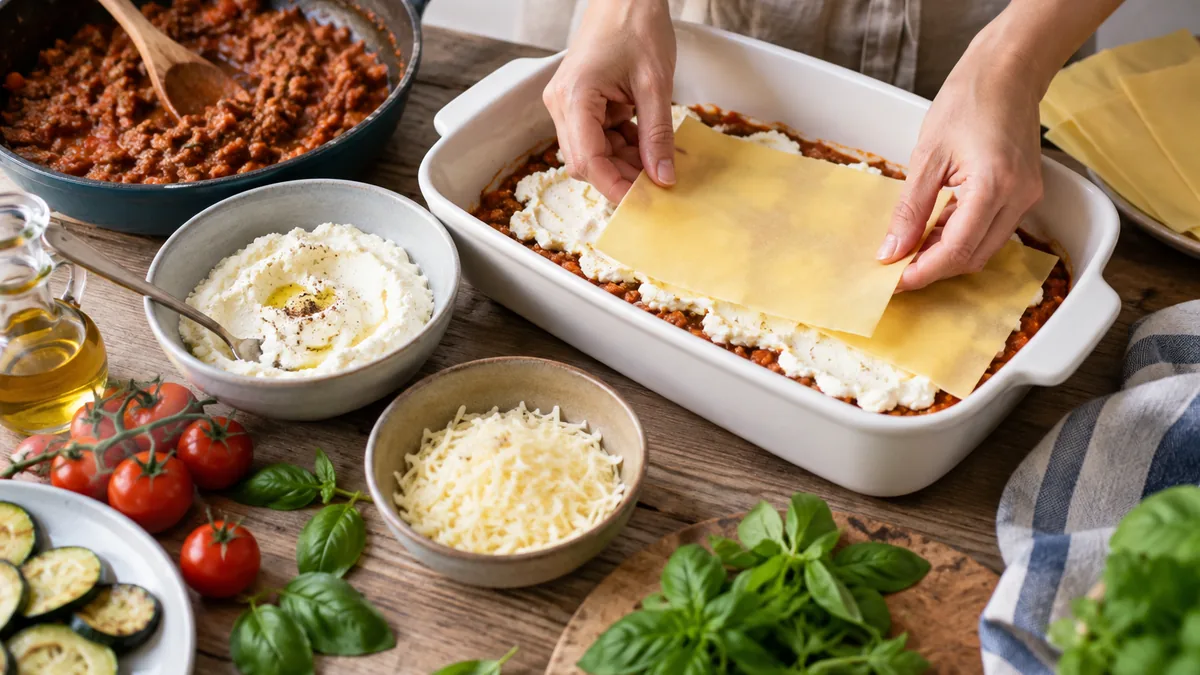 Lasagnes maison aux poireaux et au poulet, gratinées et dorées au four
