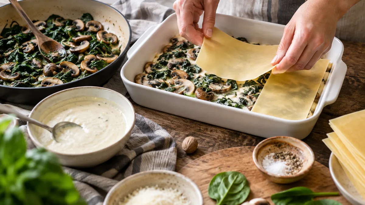 Lasagnes végétariennes aux champignons et épinards, gratinées et dorées au four