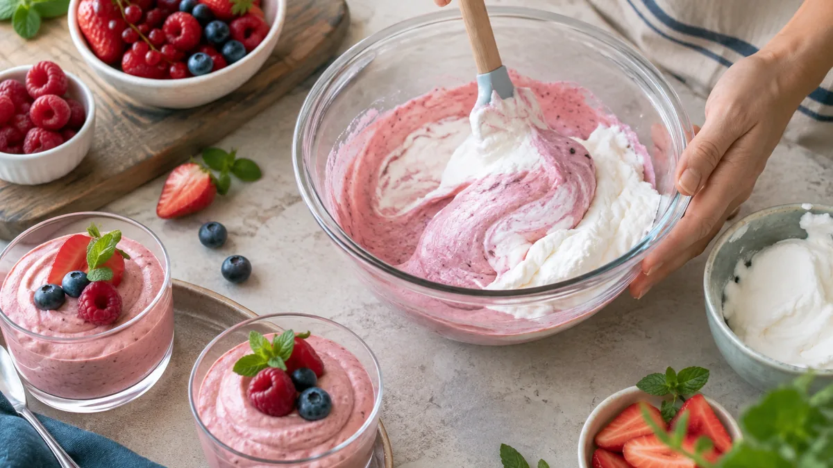 Mousse de fruits légère aux fraises servie en verrine, à moins de 150 calories par personne