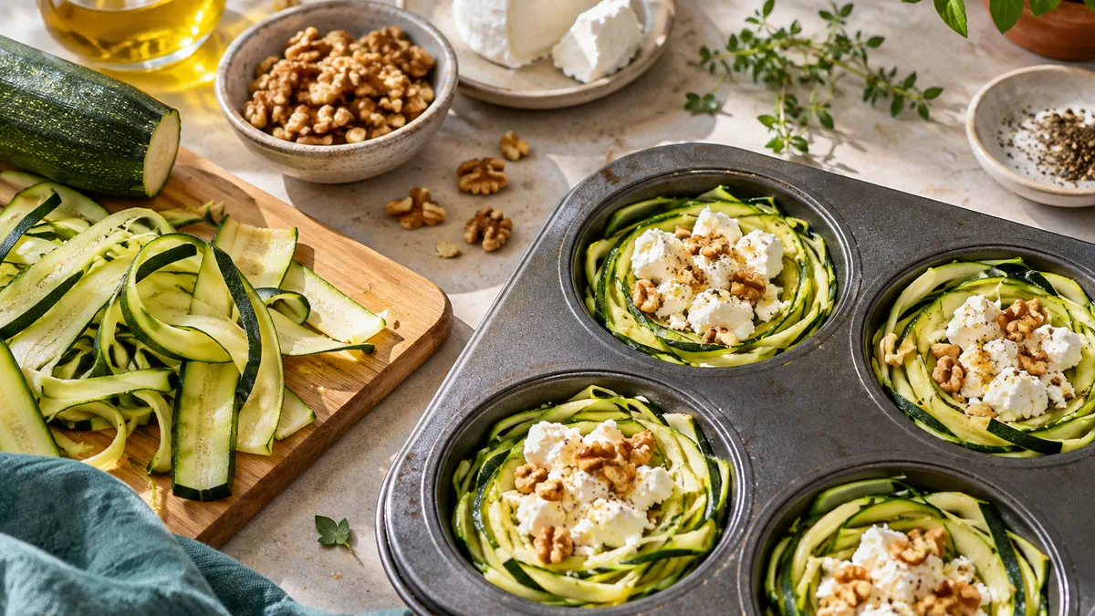 Nid de courgette et carotte râpées au fromage frais à la ciboulette et cerneau de noix