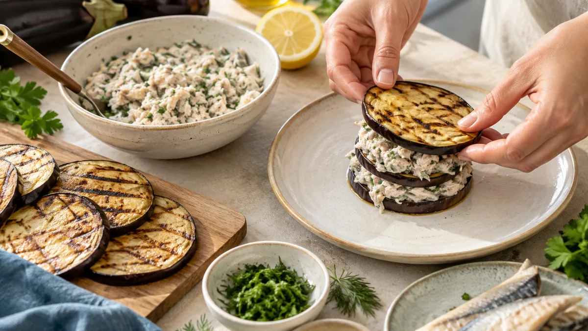 Millefeuille d'aubergine rôtie et rillettes de maquereau sur un lit de mesclun