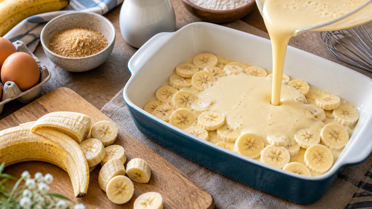 Clafoutis à la banane doré, parsemé de pépites de chocolat