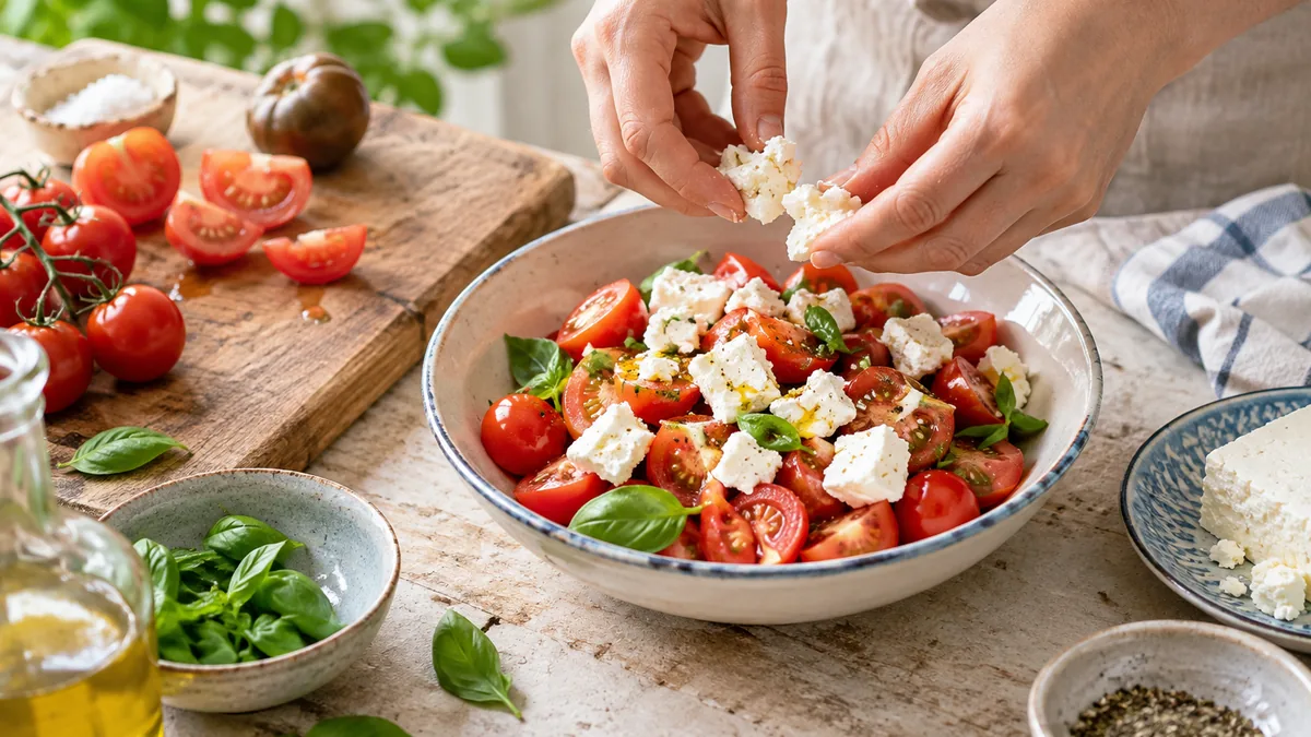 Salade de tomates de saison et feta, huile d'olive et basilic frais