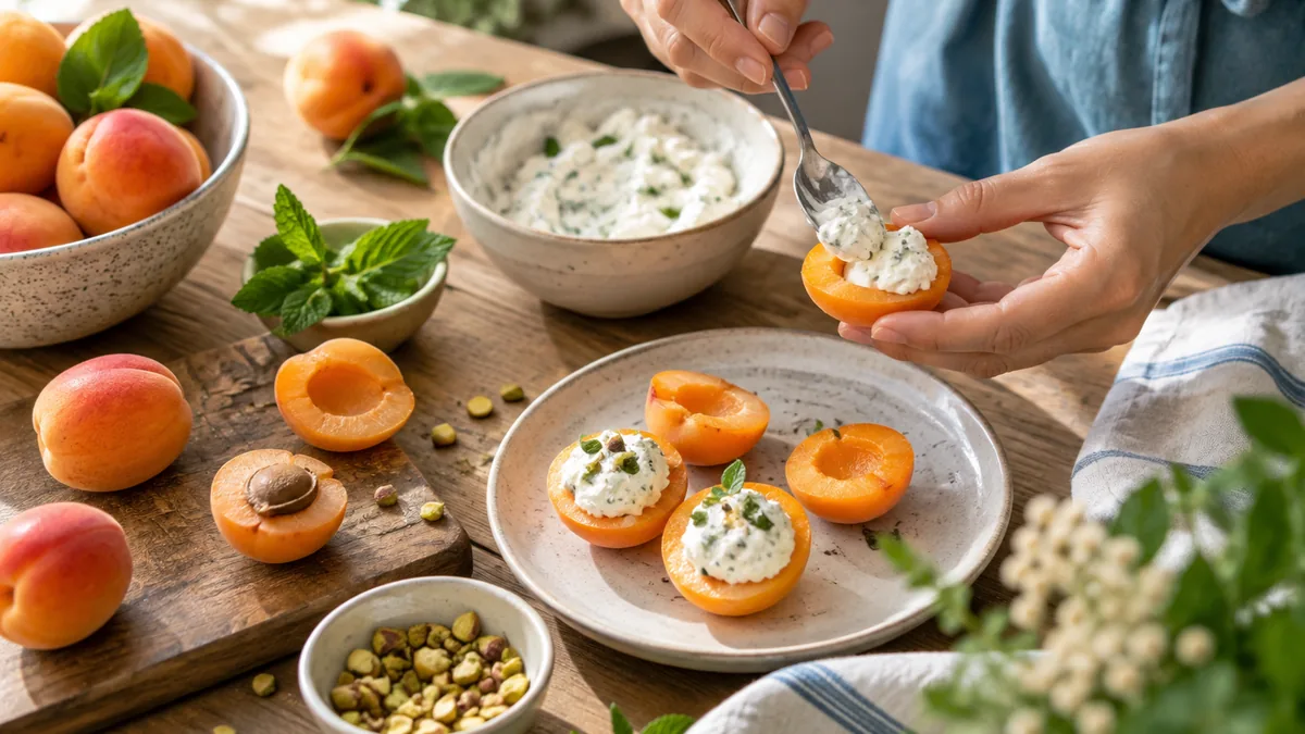Demi-abricots farcis d'une faisselle à la menthe et au miel, servis frais