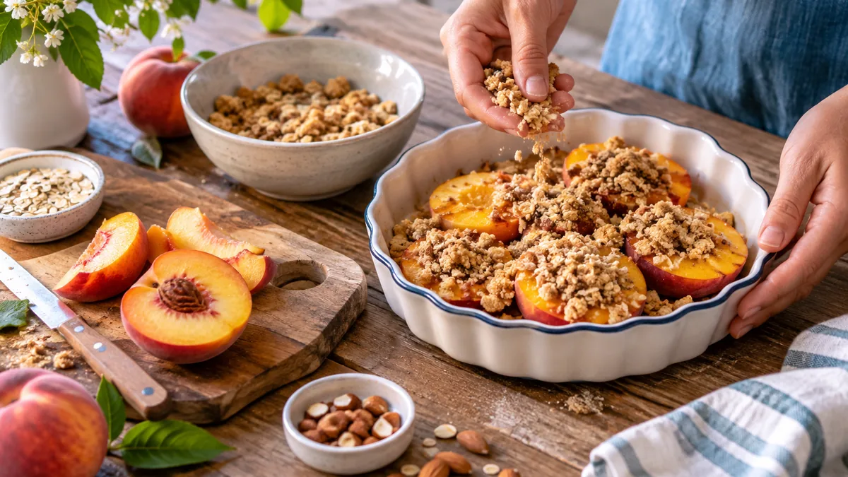 Coupelle de pêches poêlées à la cannelle, garnies d'amandes et de noisettes grillées au miel