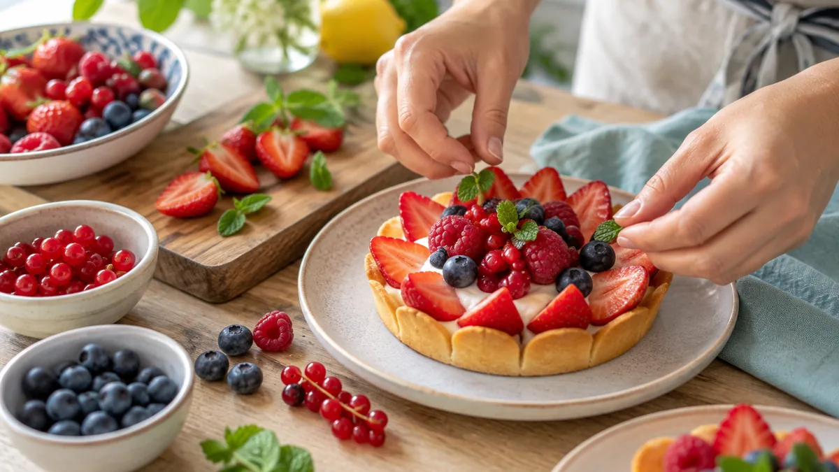 Corolles de pâte filo dorée garnies de petit-suisse et de fruits rouges acidulés au citron