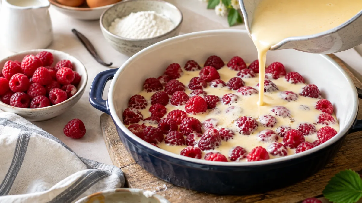 Part de far breton sans gluten aux framboises fraîches, texture fondante dorée